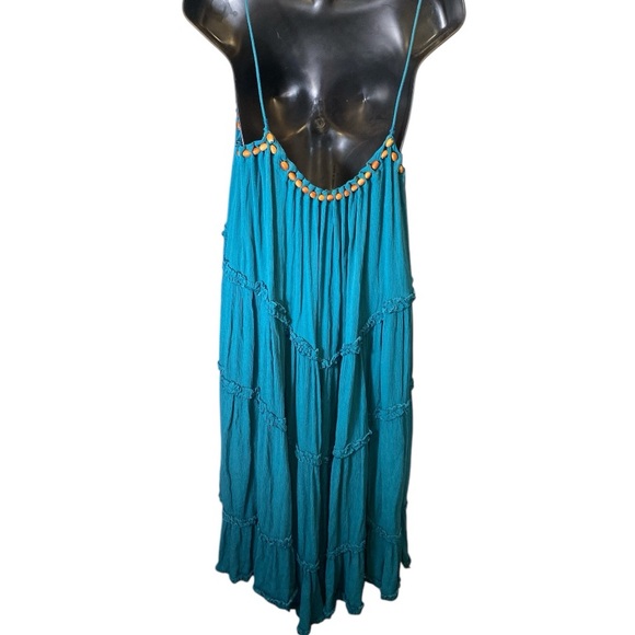 Free People Blue Green Maxi Oversized Sleeveless Dress with Wooden Beading SP - Picture 3 of 11